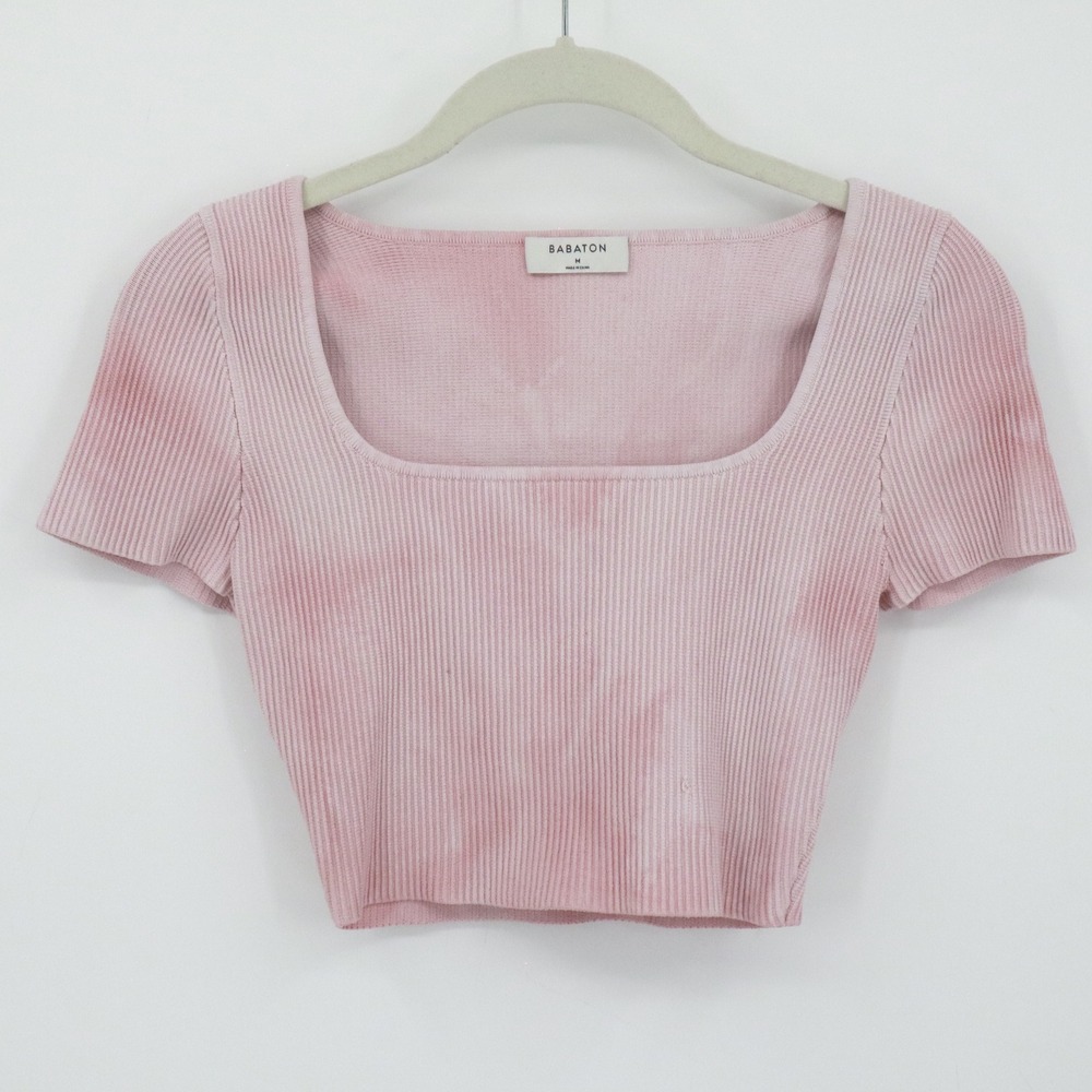 Babaton Knit Crop Top Womens M Pink Tie Dye Pink Ribbed
